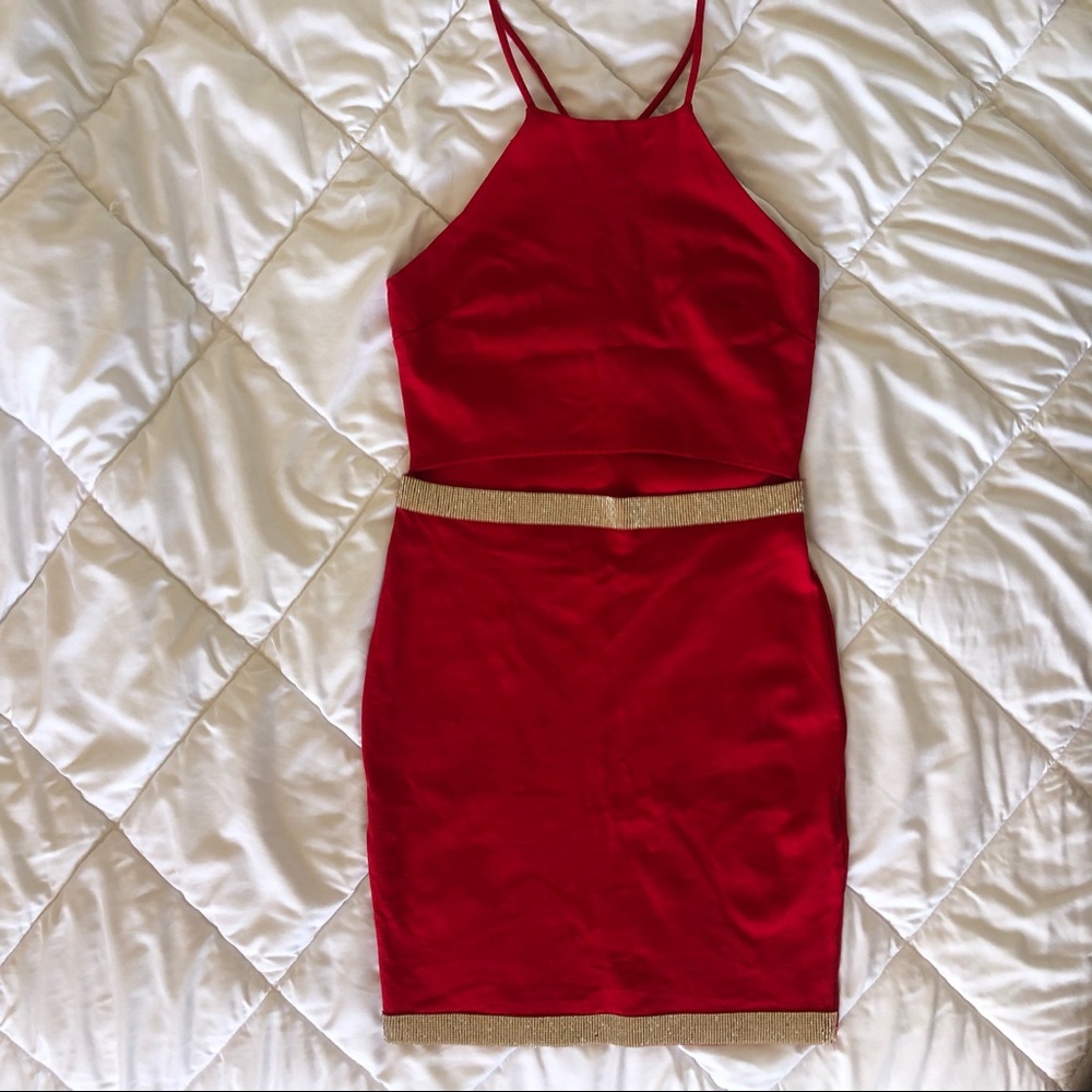 Red Bodycon halter top rhinestone dress mini